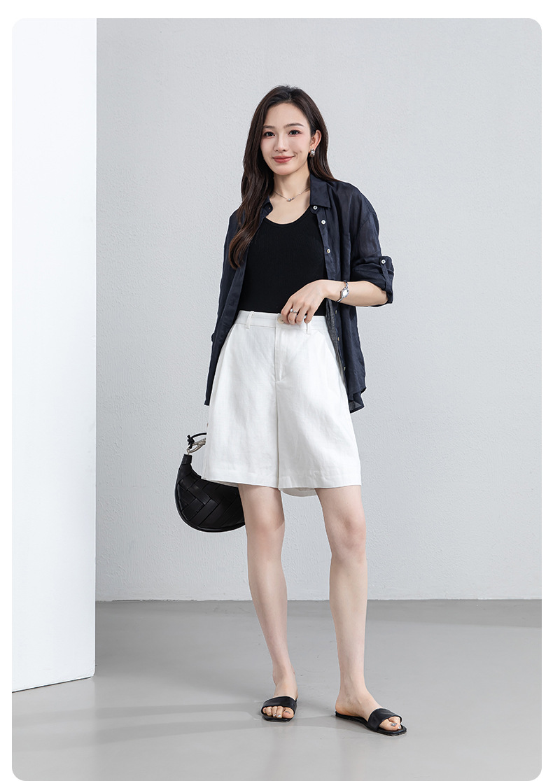 Quần short nữ cạp cao dáng chữ A ống rộng chất liệu linen phối lụa thoáng mát — màu xanh navy chi tiết 23