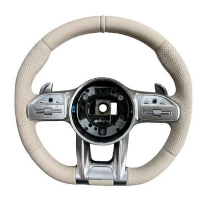 Suitable for Mercedes-Benz AMG beige and black left and right steering wheel with buttons, silver paddle shifters, and modified steering wheel base