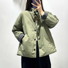 两面穿棉衣 2025冬季新款 文艺复古单排扣拼接格子外套棉服女上衣