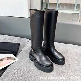 2024年新款欧美时尚高筒骑士靴女真皮厚底凯旋门复古皮带扣长筒靴
