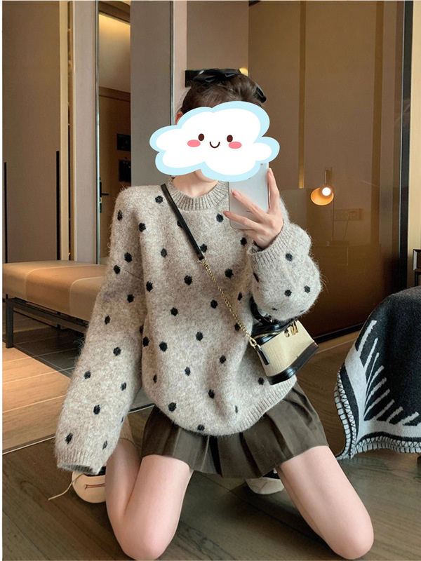 秋冬新款韩系慵懒风套头圆领毛衣女宽松百搭波点文艺针织上衣外穿|undefined
