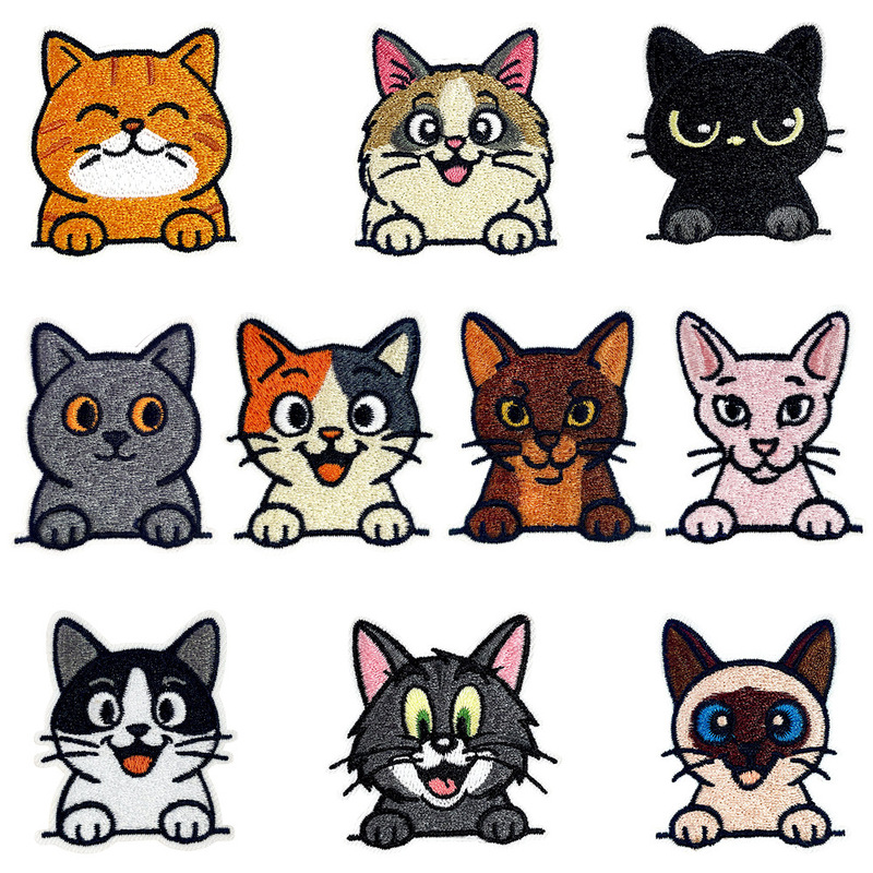 かわいい猫の刺繍布ステッカー、オレンジ猫、三色猫、黒猫など、かわいい表情の粘着アイロン接着パッチ|undefined