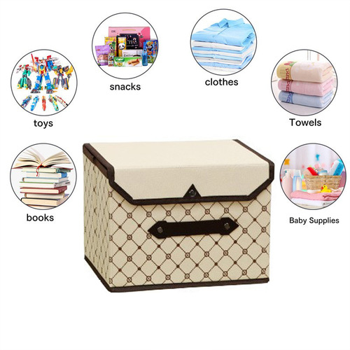 Beige plaid cotton and linen fabric storage box miscellaneous storage box covered underwear storage box foldable storage box