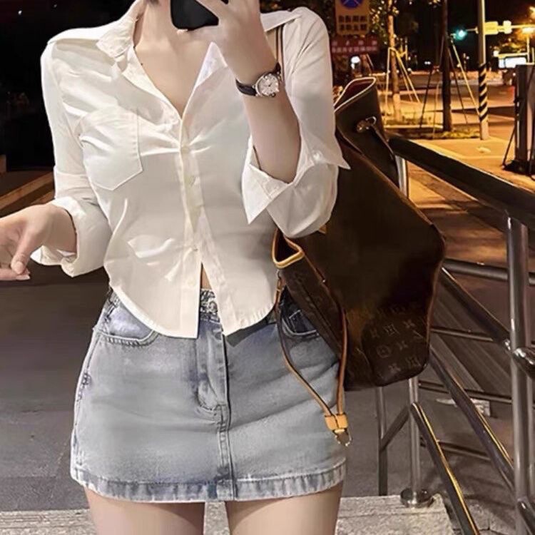 Spring and Autumn Season Spicy Girl Pure Color Long-Sleeve Shirt, Pure Desire Academy Style Versatile Shirt, Slim Fit Pure Color Top for Women Spring and Autumn Season Spicy Girl Pure Color Long-Sleeve Shirt, Pure Desire Academy Style Versatile Shirt, Slim Fit Pure Color Top for Women