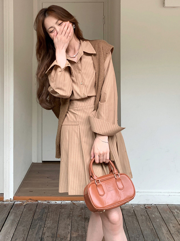 条纹长袖衬衫连衣裙子女秋季2025新款韩系穿搭小个子法式气质长裙|undefined