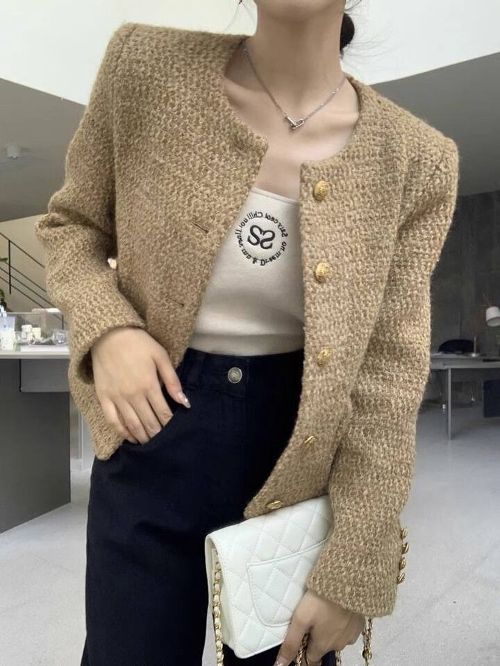 Áo khoác ngắn nữ dáng Chanel cổ tròn tay dài phong cách công sở thanh lịch — sâm panh chi tiết 10