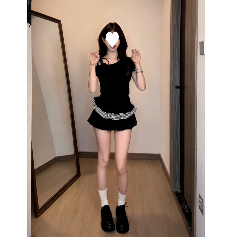 卸売 [40番手レーヨン] ホットガールフレンチリボン斜め肩半袖Tシャツレディース夏レーススプライシングショートスタイル|undefined