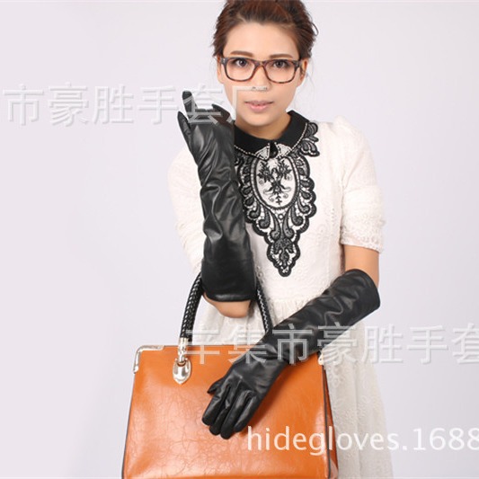 Ultra-largos guantes de cuero de las mujeres 50CM codo imitación de cuero PU plana moda manga del brazo venta al por mayor Xinji guantes fábrica