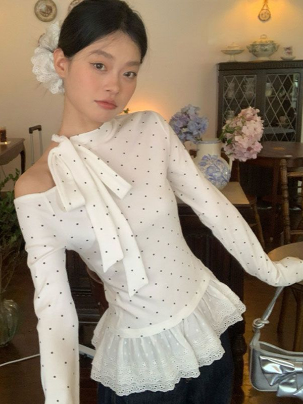 纯欲风白色波点绑带露肩打底衫女修身花边设计感内搭长袖T恤上衣|undefined