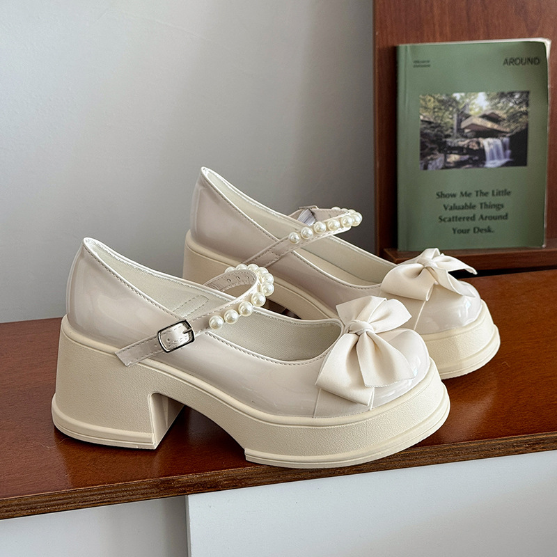 여성을위한 하이힐 메리 제인 신발 2025 봄과 가을 새로운 패션 진주 활 작은 가죽 신발 여성 두꺼운 밑창 로퍼