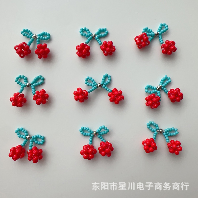 Japanese and Korean Style Red and Blue Contrasting Cherry Beaded Clothing Hand-Sewn Decorations Snowflake Hat Flower Bag Decoration DIY Accessories