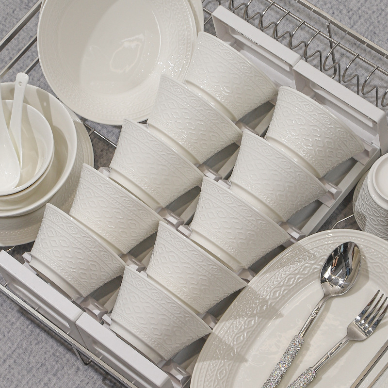 Pure White Single-Piece Ceramic Tableware Set with Embossed White Porcelain Bowls, Chopsticks, and Deep Plates