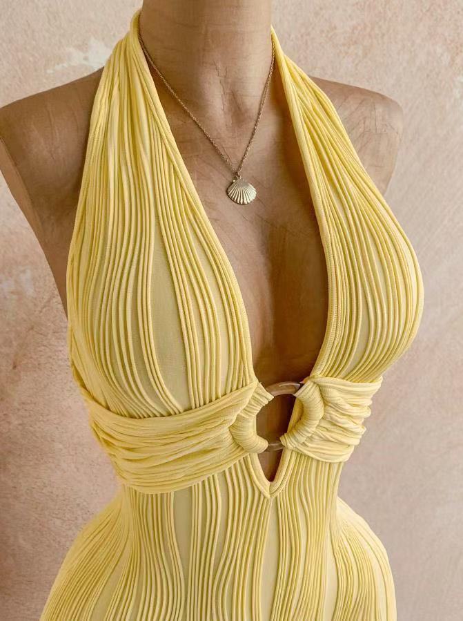 American Retro Wavy Striped Halter Neck Jumpsuit Shorts For Women Deep V Hollow Out Slim Fit Knit Jumpsuit_ecoleips.com