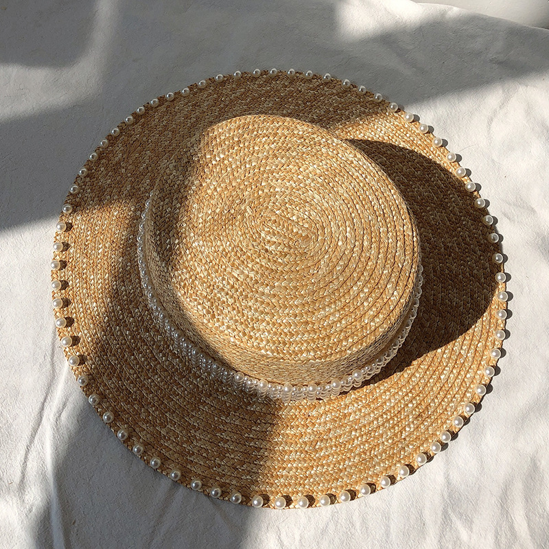 1260g Weight Sun Hat Hats Type Casual, Outdoor Occasion Straw Material Solid Color Pattern Summer Season Women's Gender Pearl Design Elegant, Simple Style Style Big Eaves Rim Women's Elegant Simple Style Solid Color Pearl Big Eaves Sun Hat 9