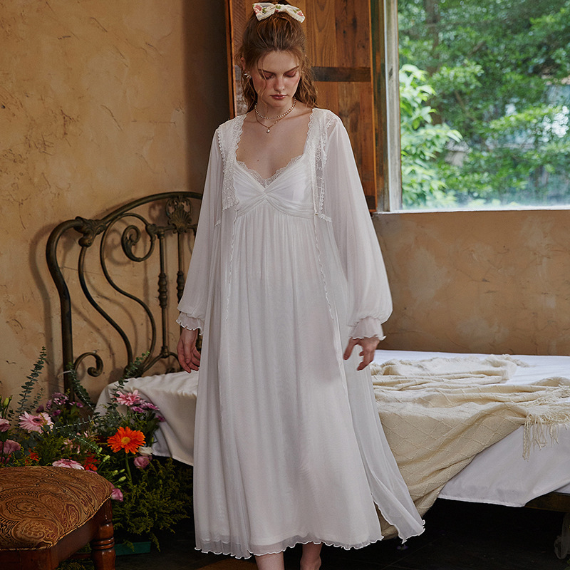 Long Girl Princess Palace Pajamas with Breast Pads Modal Long-Sleeved Nightgown Suspender Skirt Mesh Two-Piece Suit