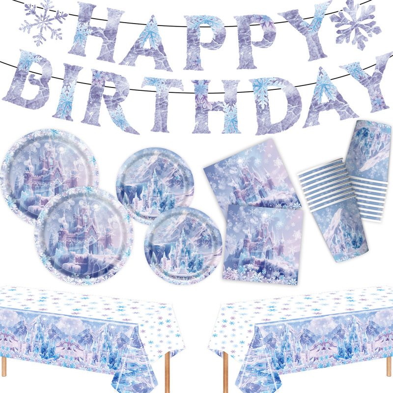 Cross-Border New Product Edge Frozen Theme Birthday Party Tableware Paper Plates Paper Cups Spiral Pendant Tablecloth Supplies