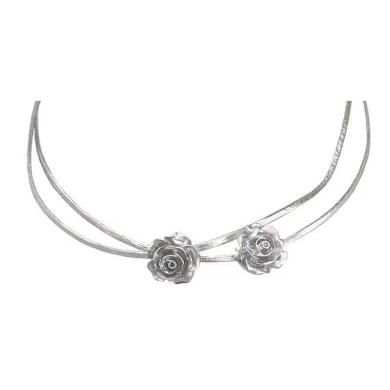 Zilvergrijze roze dubbellaagse nis, lief en cool pittig meisjessleutelbeen choker halsketting, trendy_voghion.com