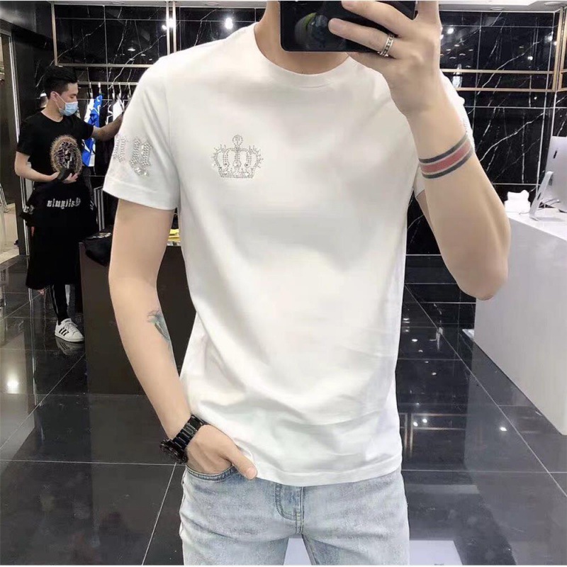 European Fashion Brand Crown Hot Diamond Short sleeved Men's High end Cotton Half Sleeve Versatile T-shirt Bottom_voghion.com