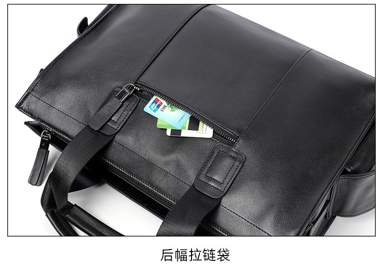 Túi xách tay nam da bò thật dung tích lớn 40×13×29 cm, đựng tài liệu và laptop 15,6 inch — Dây kéo dọc da bò màu đen, Dây kéo ngang da bò màu đen, Da cừu lớp đầu màu đen chi tiết 14