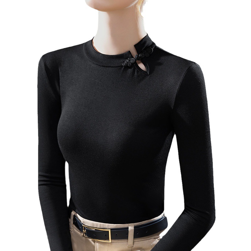 Camisa de fondo de cuello redondo para mujer 2023 nueva mujer europea retro hebilla de manga larga Camiseta elástica Cintura interior apretado top