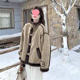 时髦洋气皮毛一体羊羔毛外套女秋冬新款机车服麂皮绒棉衣其他