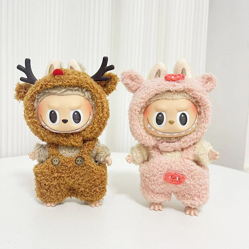 Caja ciega de 17cm, tela de tela, traje de mono de alce pequeño de terciopelo de nube, colgante de labubu, vestido de Navidad de cerdo