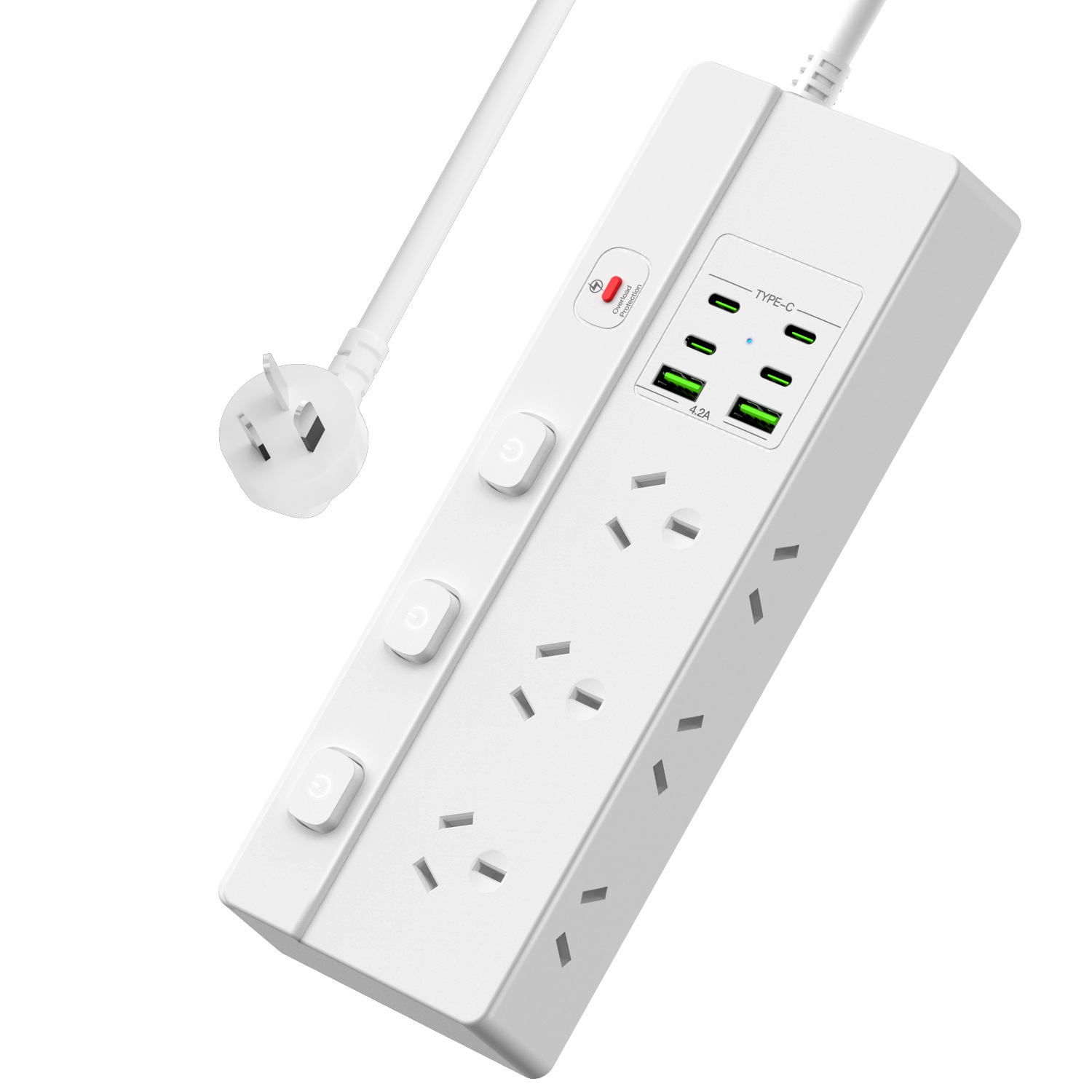 跨境专供澳洲延长线排插独立开光控制6孔TYPE-C*4+USB*2过载保护