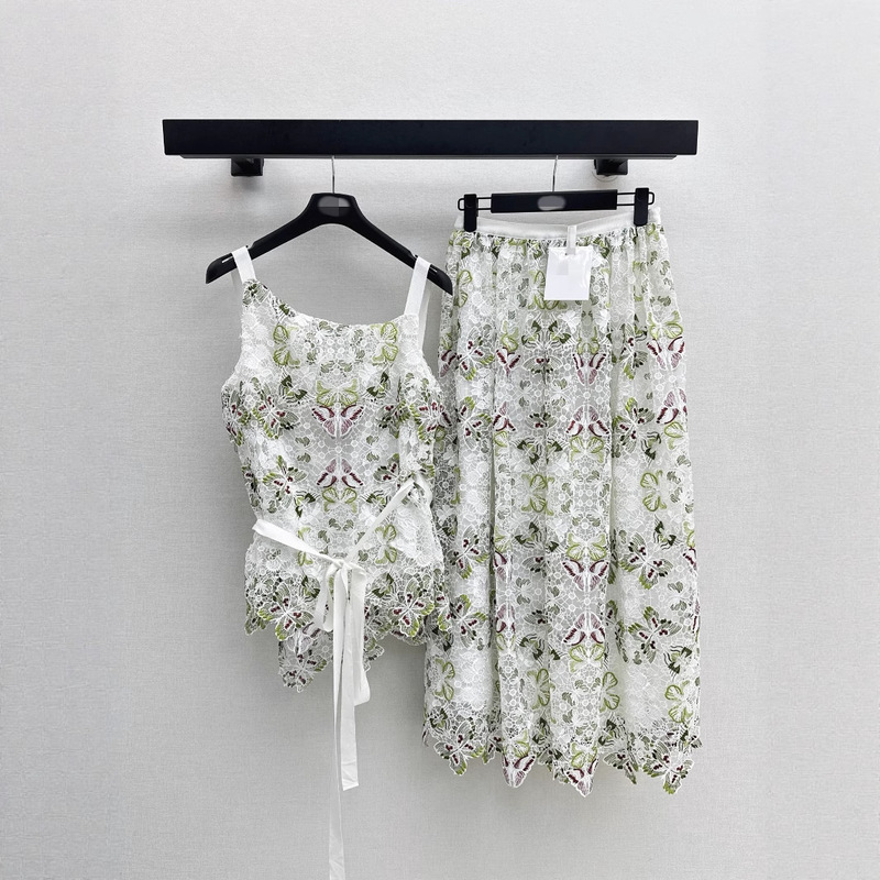 深センNanyou新蝶レース水溶性刺繍斜め襟バックレスサスペンダーハイウエストロングスカートカジュアル休暇スーツ|undefined