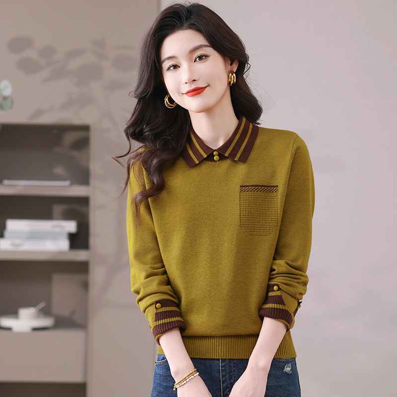 Versatile Doll Collar Knitted Wool Sweater for Women, New Spring and Autumn Loose Turn-Down Collar Base Shirt, Fashionable Age-Reducing Outerwear Sweater
