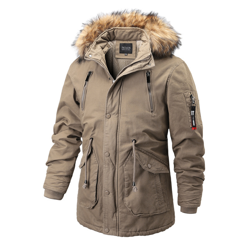 Algodão com pelúcia masculina de comprimento médio, casaco de algodão com vários bolsos de inverno engrossado, casaco de gola de lã para aquecimento_voghion.com