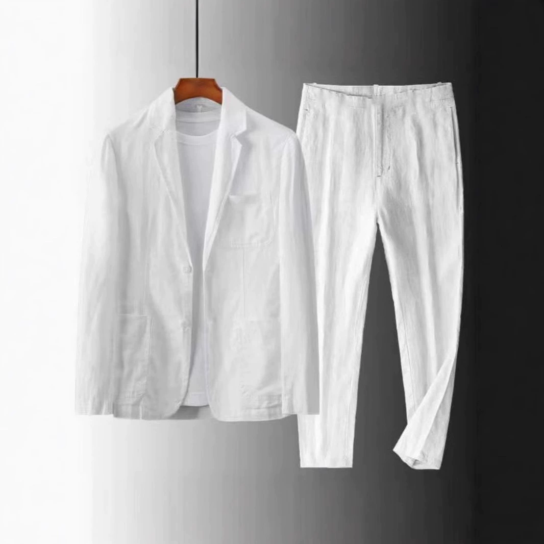 Летний льняной мужской костюм, свободные брюки, повседневный костюм, брюки, тонкие дышащие брюки с эластичной резинкой на талии, брюки из хлопка и льна, топ