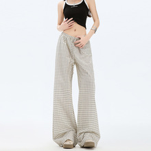 美式白色格子阔腿休闲裤女2025夏季新款低腰宽松显瘦直筒拖地长裤