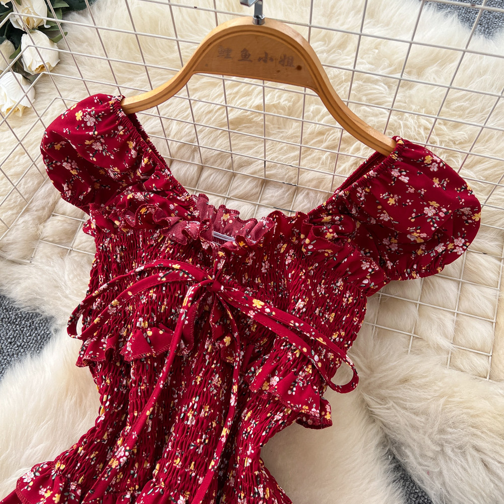 Women's French Sweet Style Square Neck Floral Dress Summer Korean Pleated Waist Tie A-Line Elegant Long Red Dress_ecoleips.com