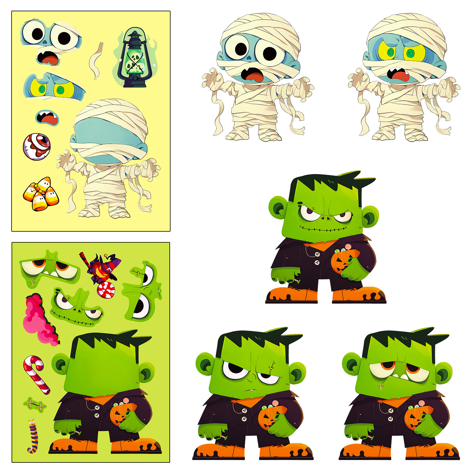 6 Sheets/Pack Halloween Face-Changing Puzzle Stickers Ghost Pumpkin DIY Children's Toys Graffiti Sticker Paper Cross-Border