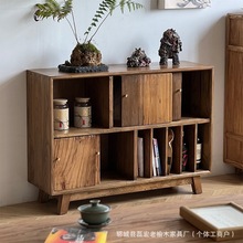 侘寂风榆木实木餐边柜复古做旧可视六格置物柜客厅边柜民宿装饰柜