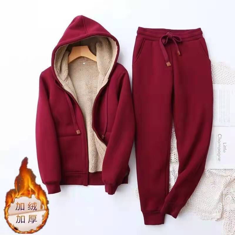Sports Casual Suit Women's Winter Fleece-Lined Thickened Simple Solid Color Slimming Long-Sleeved Hooded Short Jacket Trendy Sports Pants