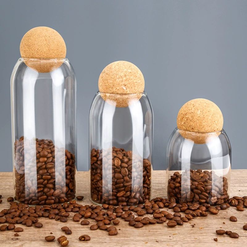 Glass storage jar, high borosilicate with cork ball lid, 500–1,200 ml (transparent)