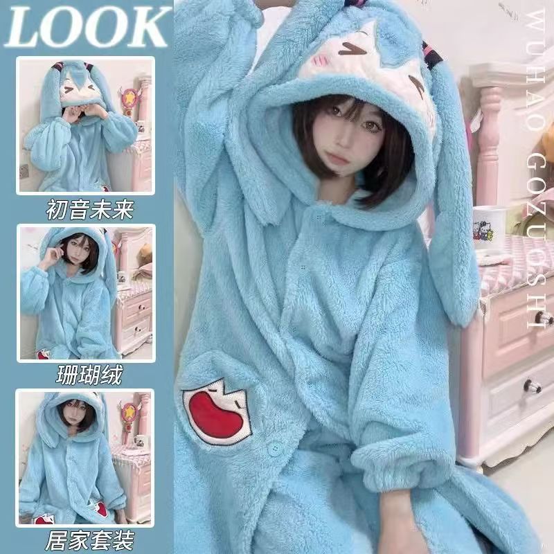 跨境初音未来珊瑚绒睡袍冬季新款加厚浴袍可爱卡通保暖家居服睡衣