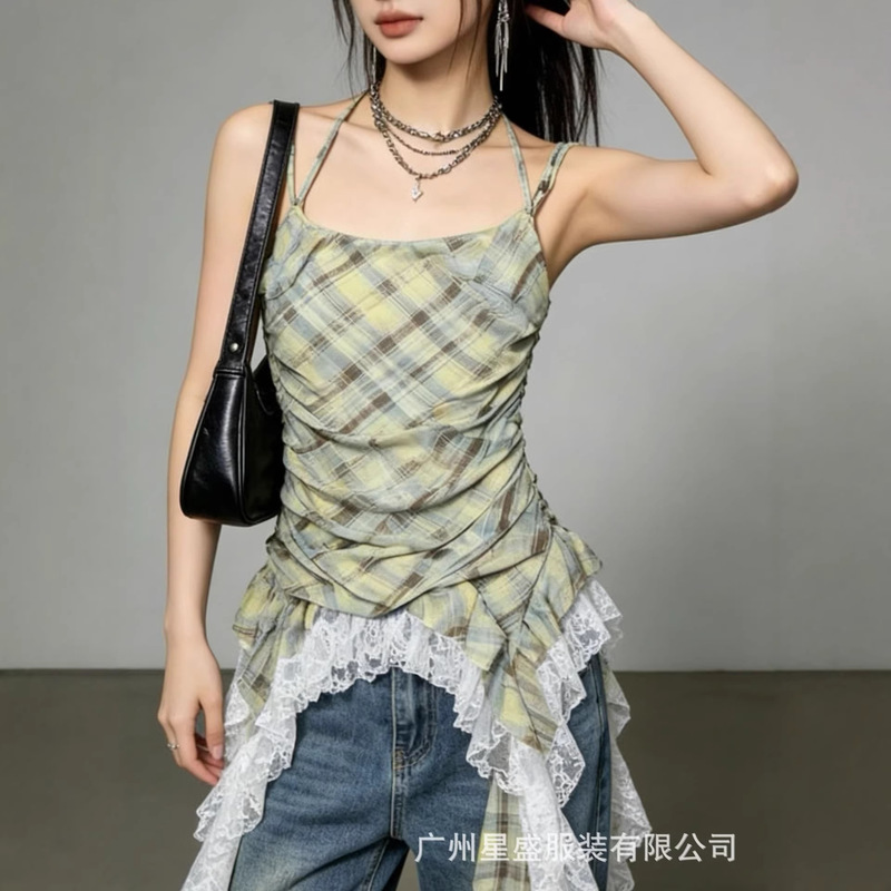 French-Style Irregular Ribbon Plaid Tube Top for Women, 2026 Summer New Spicy Slim-Fit Ruffled Outerwear Top French-Style Irregular Ribbon Plaid Tube Top for Women, 2026 Summer New Spicy Slim-Fit Ruffled Outerwear Top