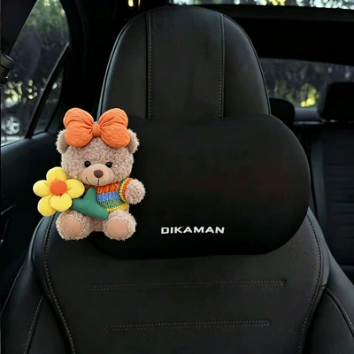Waist Pillow, Backrest Pillow for — Headrest - orange-tie-with-yellow-flowers-and-rainbow-clothes-brown-bear-left-black-neck-pillow
