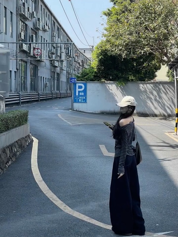 韩式慵懒一字肩条纹款长袖t恤女夏季松弛感修身wintage风斜肩上衣|undefined