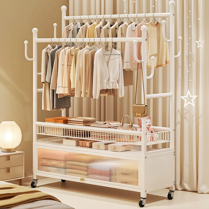 Double-Rod Clothes Rack, Floor-Standing Bedroom Multifunctional Coat Rack, Movable Clothes Hanger, Indoor Clothes Drying Rack, Magic Tool