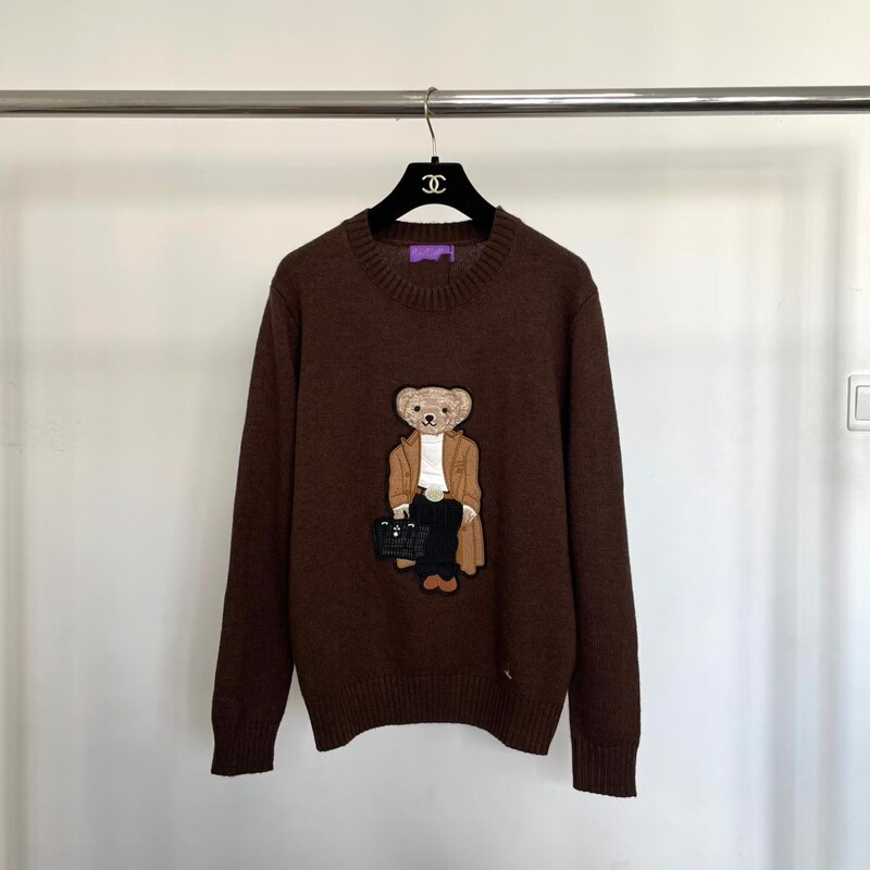 Rl Ralph Lauren Round-Neck Casual Loose-Fitting Stylish Long Coat with Bear Embroidery Round-Neck Knit Pullover