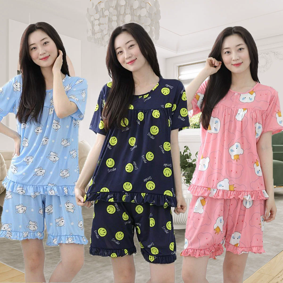 Летние пижамы, женские пижамы с короткими рукавами и милым медведем, пижамы с шортами для девочек, летняя Высококачественная Домашняя одежда, костюм, можно носить на улице
