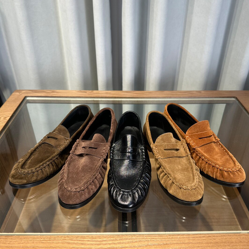 Pleated Slip-On Loafers for Women, Chunky Heel, Casual Old Money Style, Flat British Leather Shoes, Round Toe Single Shoes, Export Shoes