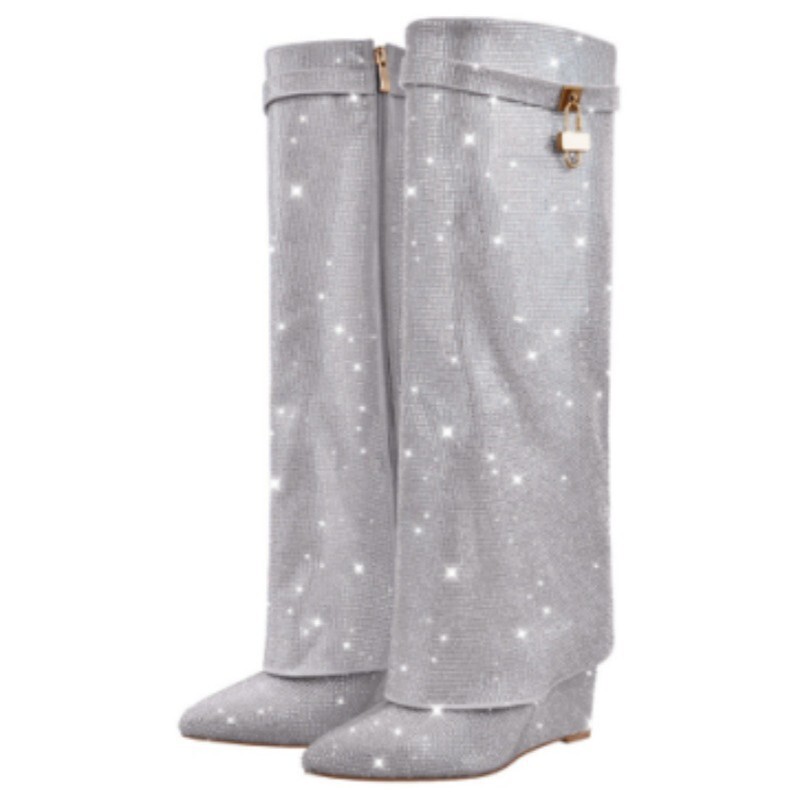 European and American export pointed-toe wedge heel skirt-hemmed boot with metal buckle and rhinestones, high-heeled knee-high boot with side zipper, fashion boot European and American export pointed-toe wedge heel skirt-hemmed boot with metal buckle and rhinestones, high-heeled knee-high boot with side zipper, fashion boot