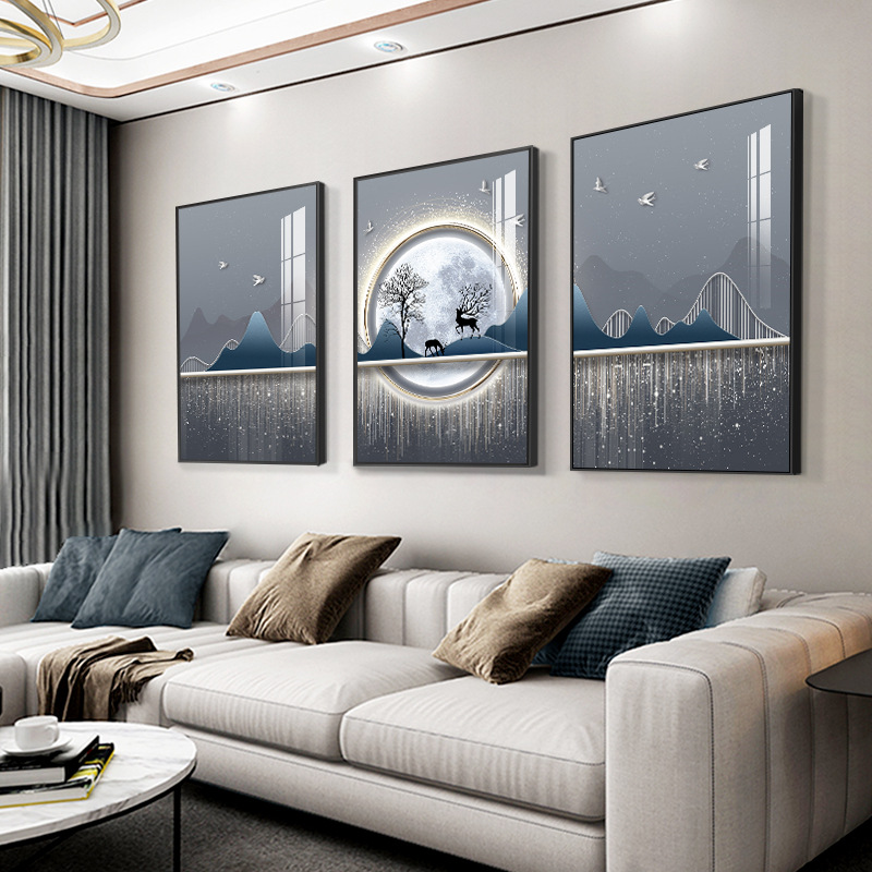 Modern light luxury living room background wall decoration painting blue high-end sofa trio painting wall art minimalist elegant mural deer