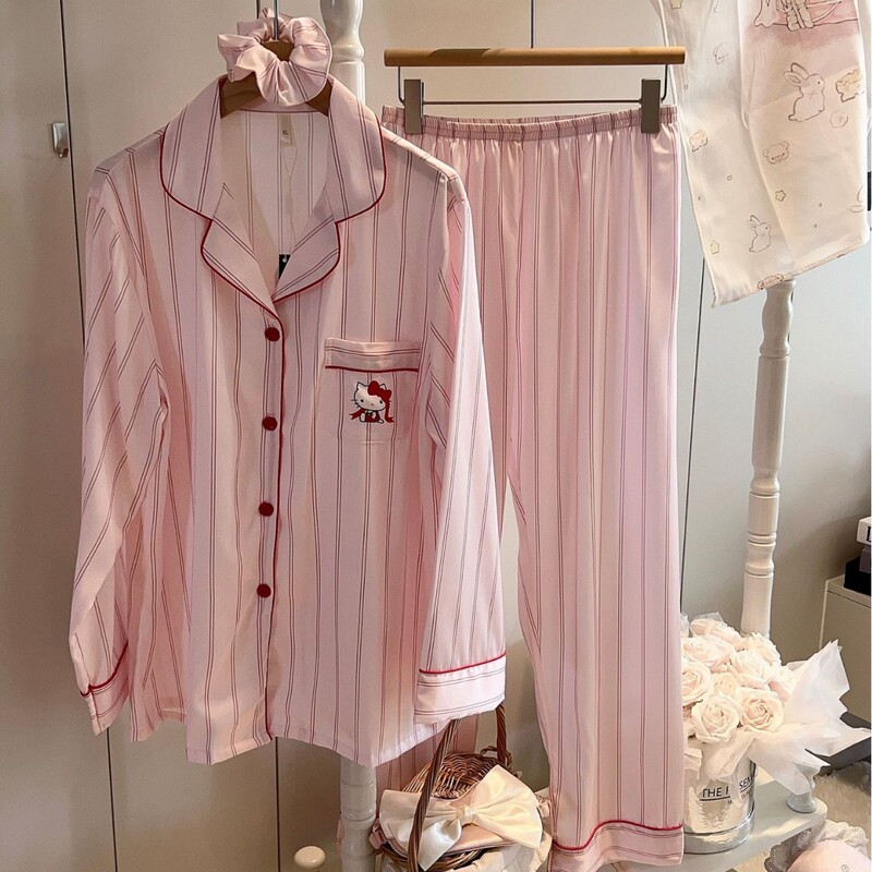 Pink Kt Cat Brutalist Style Spring and Autumn Women's Thin Ice Silk Long Sleeve Long Pants Silk Home Pajama Set Summer
