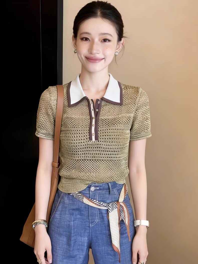 Áo thun dệt kim nữ cổ polo ngắn tay, phong cách Hàn Quốc, thiết kế hở vai lửng — màu sắc