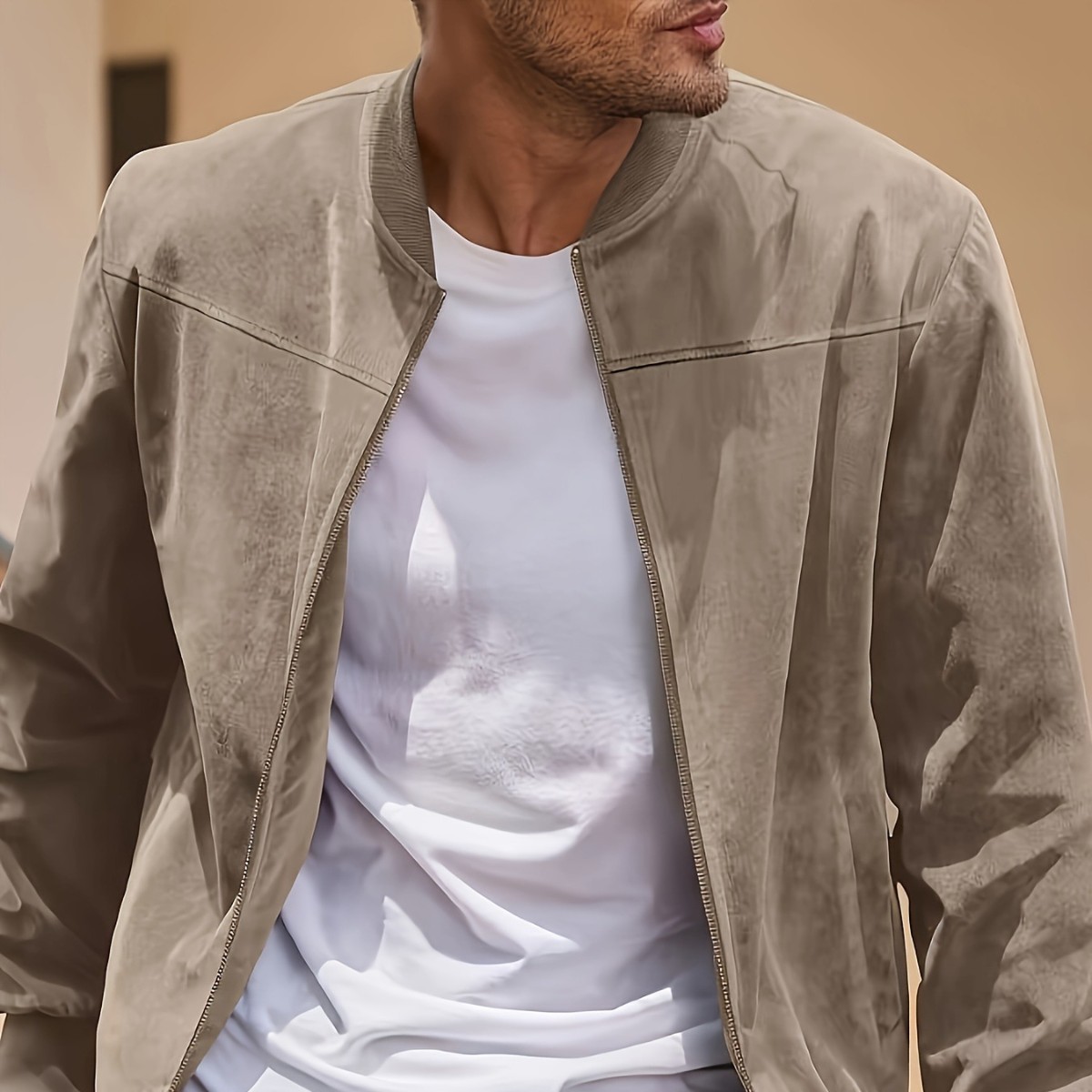 New European and American Size Men's Fashion Outdoor Casual Spring and Autumn Jacket Suede Zipper Vertical Collar Bomber Jacket